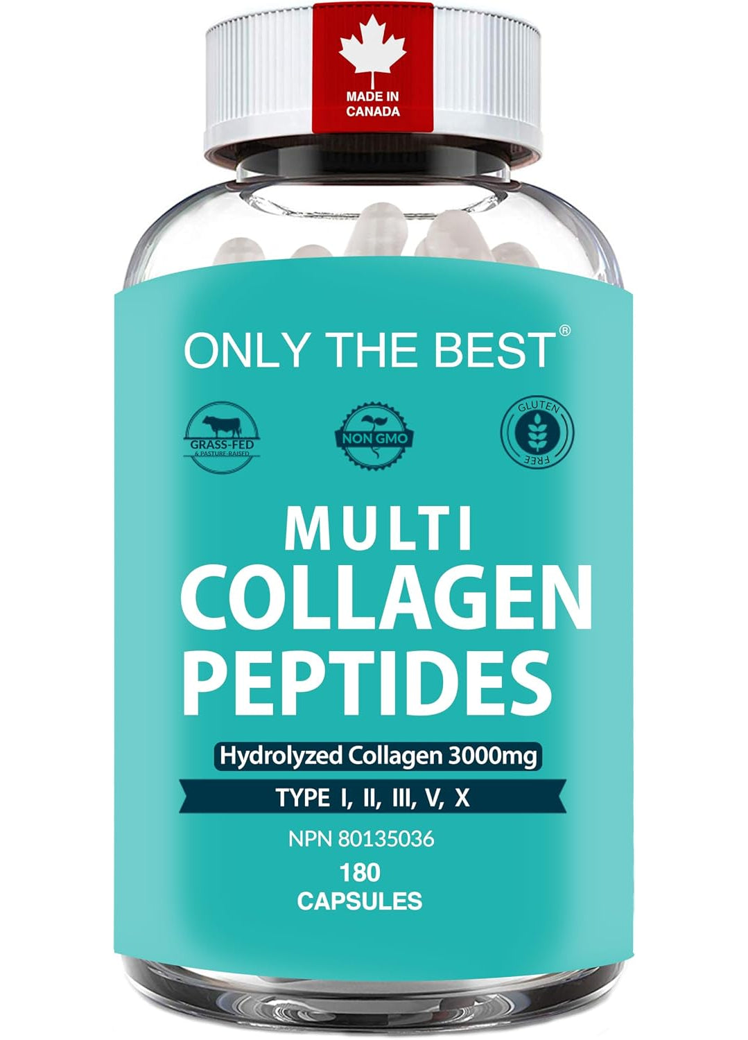 Only The Best Multi Collagen Peptides Capsules, 180 capsules, 3000 mg, NPN 80135036, Made in Canada
