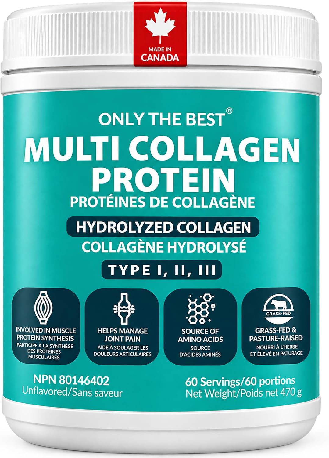 Only The Best Multi Collagen Protein powder, 470 g tub, unflavored, NPN 80146402, Made in Canada
